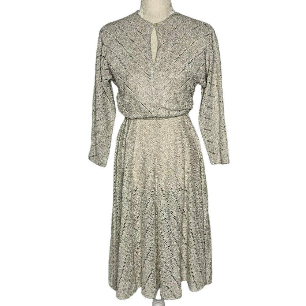Vintage 70s Ronnie Heller Knit Dress 6 Ivory Elastic Waist Union Made Key Hole